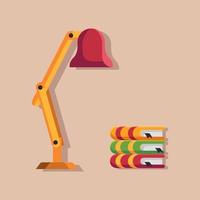 Table lamp with books flat vector illustration. Table lamp, books, lesson, homework, evening. Vector stock illustration.