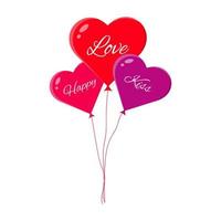 Romantic color rubber flying cartoon balloons with strings and lettering. Set isolated on white ballons with words. Vector stock illustration.
