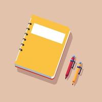 Notepad, notebook with pens flat vector illustration. Workbook, diary, note, notes, notepad, notebook, pen, homework. Vector stock illustration.