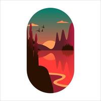 Sunset abstract flat illustration. Sunset on the lake in the forest. Vector stock illustration
