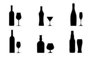 Icons of alcohol bottles beverages and glasses. Set of bottles and glasses. vector