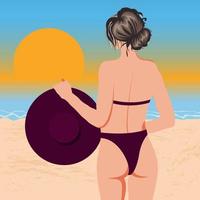 Girl in a swimsuit with a hat on the beach. Summer girl at sea sunset. Vector stock illustration.