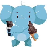 Elephant with chocolate, illustration, vector on white background.