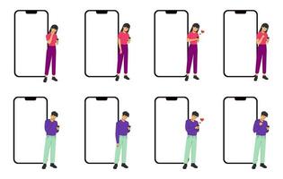 Iphone 14 pro screen template next to a woman or man with different emotions. Vector modern set