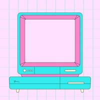 Retrowave y2k pc. An old computer with a CRT monitor on a grid background. Monitor screen template vector