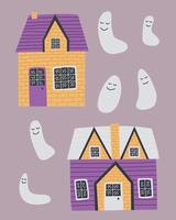 Halloween houses with ghosts vector set. Vector cute country house with different ghosts.