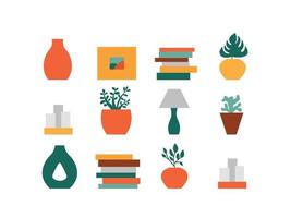 Flat style home decor big set. Home decorations items, vase, books, plants and candles vector