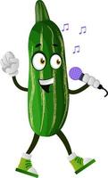 Cucumber singing on microphone, illustration, vector on white background.