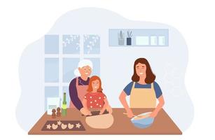 A happy family cooks together in the kitchen. Mother, grandmother, granddaughter make cookies, knead dough, help each other. Vector graphics.