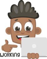 Boy working on lap top, illustration, vector on white background.