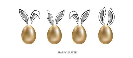 Happy Easter. Rabbits's ears. Gold eggs. Hand drawn illustration. vector