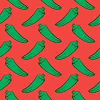 Green okra, seamless pattern on red background. vector