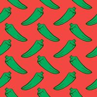 Green okra, seamless pattern on red background. vector