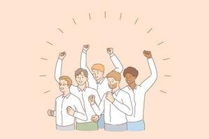 Mixed race team and success concept. Group of young men colleagues worker of various ethnicities standing celebrating success together vector illustration