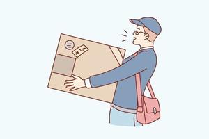 Parcel and post delivery concept. Young man in cap going holding huge box parcel delivering post feeling positive vector illustration
