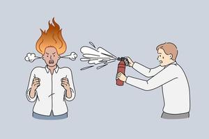 Furious business lady burning and shouting. Vector concept illustration of anger lady with fire on head sprayed by man with fire extinguisher.