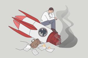 Failed and crashed business rocket startup. Vector concept illustration of sad business manager standing on broken launching missile.