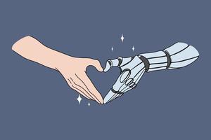 Touching human and robotic hands. Vector concept illustration of future successful collaboration between human work and artificial intelligence.