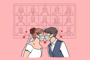 boda en línea durante el concepto de epidemia. joven pareja amorosa con máscaras médicas protectoras durante la ceremonia de boda con invitados en línea en tiempos de pandemia ilustración vectorial vector