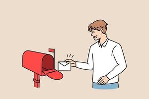 Sending post letter service concept. Young smiling man cartoon character standing putting envelope with letter into red post office box vector illustration