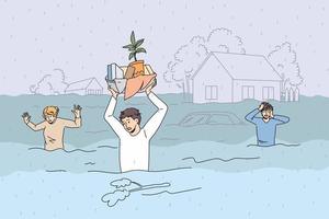 Flood and damaged estate concept. Group of unhappy stressed people walking through flood with pieces of belongings feeling panic vector illustration