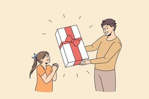 Surprise and holiday present concept. Smiling young man father standing and giving huge present box with ribbon for his surprised daughter vector illustration