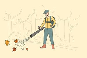 Cleaning park from fallen leaves concept. Young smiling man worker cartoon character in uniform standing and cleaning vacuuming fallen leaves in park vector illustration