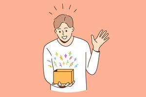 Feeling surprised and amazed concept. Young smiling boy man cartoon character standing looking at box with colorful surprise feeling amazed vector illustration
