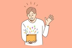 Feeling surprised and amazed concept. Young smiling boy man cartoon character standing looking at box with colorful surprise feeling amazed vector illustration