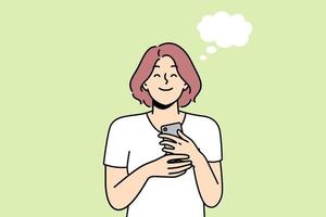 Smiling young woman holding cellphone excited with good message or text. Happy girl with speech bubble above head satisfied with news on smartphone. Vector illustration.