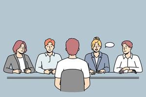 Man talk with recruitment team at interview in office. Male job candidate or applicant at employment talk. Hiring and HR. vector illustration.