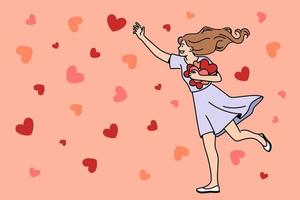 Heart, love and happiness concept. Young smiling woman cartoon character walking collecting red hearts in hands feeling love vector illustration