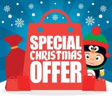 oferta especial navidad con niño disfrazado pingüino vector