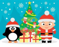 tarjeta de feliz año nuevo con pingüino divertido y niño santa vector