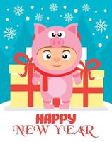 Happy New Year  background with child in costume pig vector