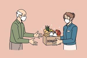 Charity and donating food concept. Young woman volunteer in medical protective mask giving Box with donation word full of products food for elderly man vector illustration