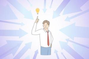 Having great business idea concept. Young smiling businessman cartoon character standing pointing at light bulb above vector illustration