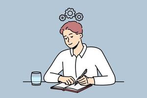 Young man sit at desk making notes in notebook generate creative ideas in head. Motivated male employee write in journal with gear mechanism above head. Vector illustration.