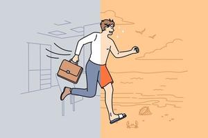 Waiting for vacations and rest concept. Young smiling business man half wearing official suit in office half running to beach in swimwear vector illustration