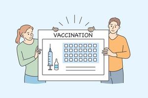 Vaccination calendar and healthcare during pandemic concept. Young people girl and boy standing near huge board with syringe and vaccination lettering vector illustration