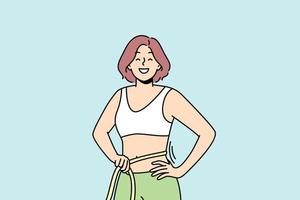 Smiling young woman with tape on waist excited with diet and sport results. Happy think female show thin slim body. Weight loss concept. Vector illustration.