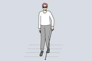 Blind man with stick walking on crosswalk. Disabled male in dark sunglasses crossing road. Disability and healthcare. Vector illustration.