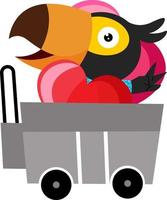 pájaro en carrito de compras, ilustración, vector sobre fondo blanco.