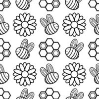 seamless pattern of bees, honeycomb and flowers vector