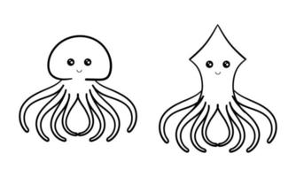 hand drawn jellyfish and squid with a cheerful face vector