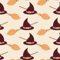 Witchcrafts seamless pattern cartoon style. Isolated vector broom stick and witch hat in endless background for Halloween