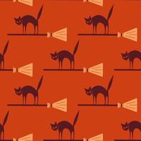 Halloween seamless pattern with angry cat on broom stick. Vector endless cartoon pattern with flying character
