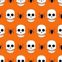 vector de patrones sin fisuras de halloween. iconos vectoriales planos repetidos de cráneo blanco y araña negra.