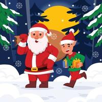 Santa Claus And The Helper Is On The Way For Giving Gift vector