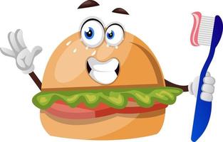 Burger with tooth brush, illustration, vector on white background.